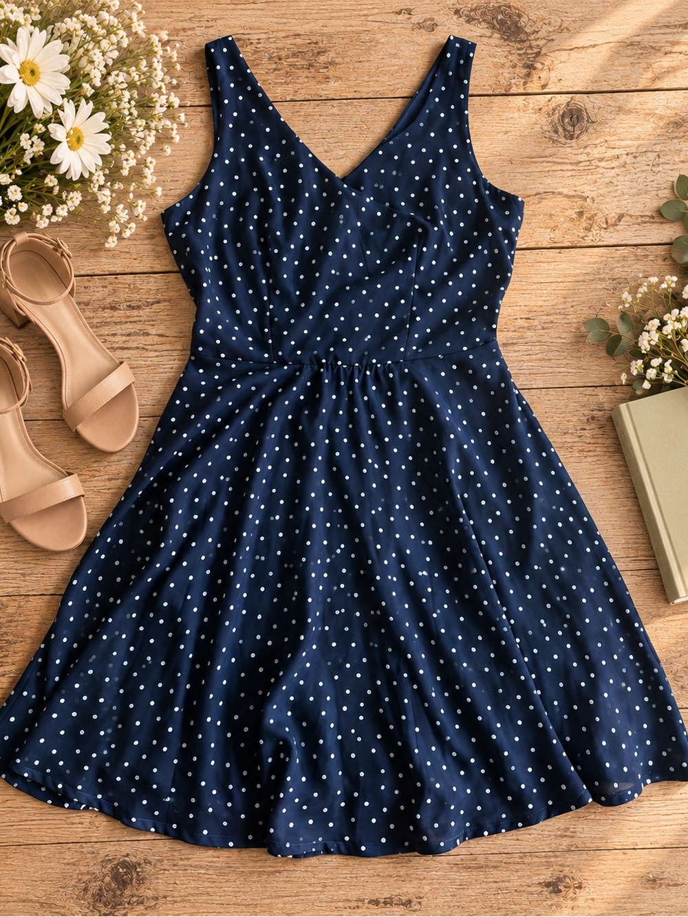Navy Polka Dot V-Neck Fit & Flare Dress